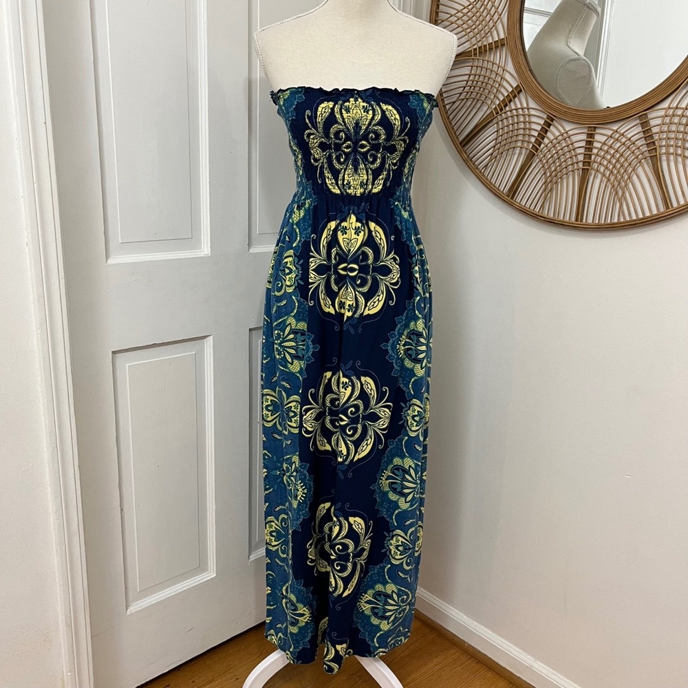 Angie Y2K Boho Maxi Dress M Damask Festival Long Hippie Vintage